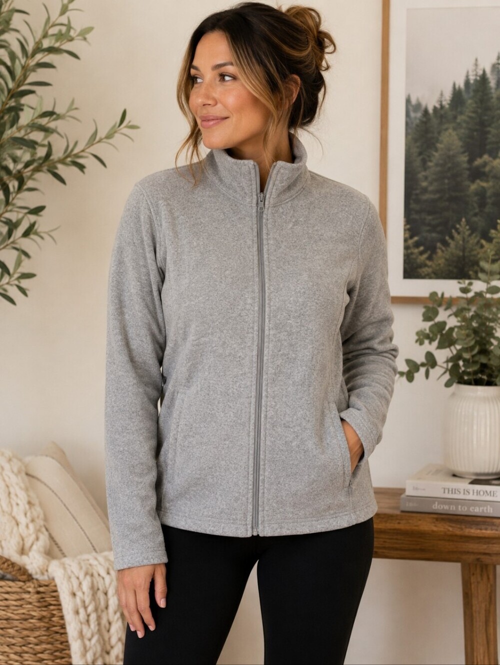 Old Navy Performance Fleece Full Zip Grey Women's Medium M Mock Neck Pockets EUC